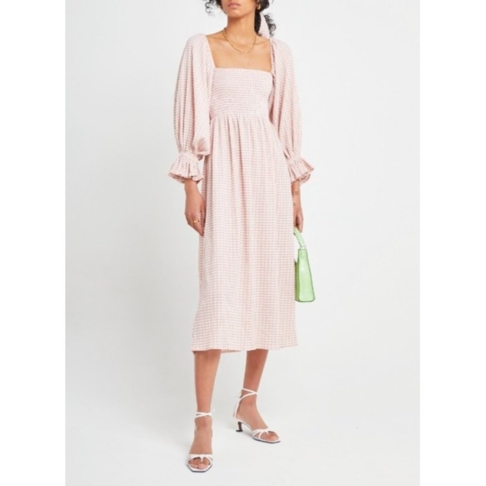 O.P.T. Athena Pink Mauve Gingham Puff Sleeves Smocked Midi Dress XS